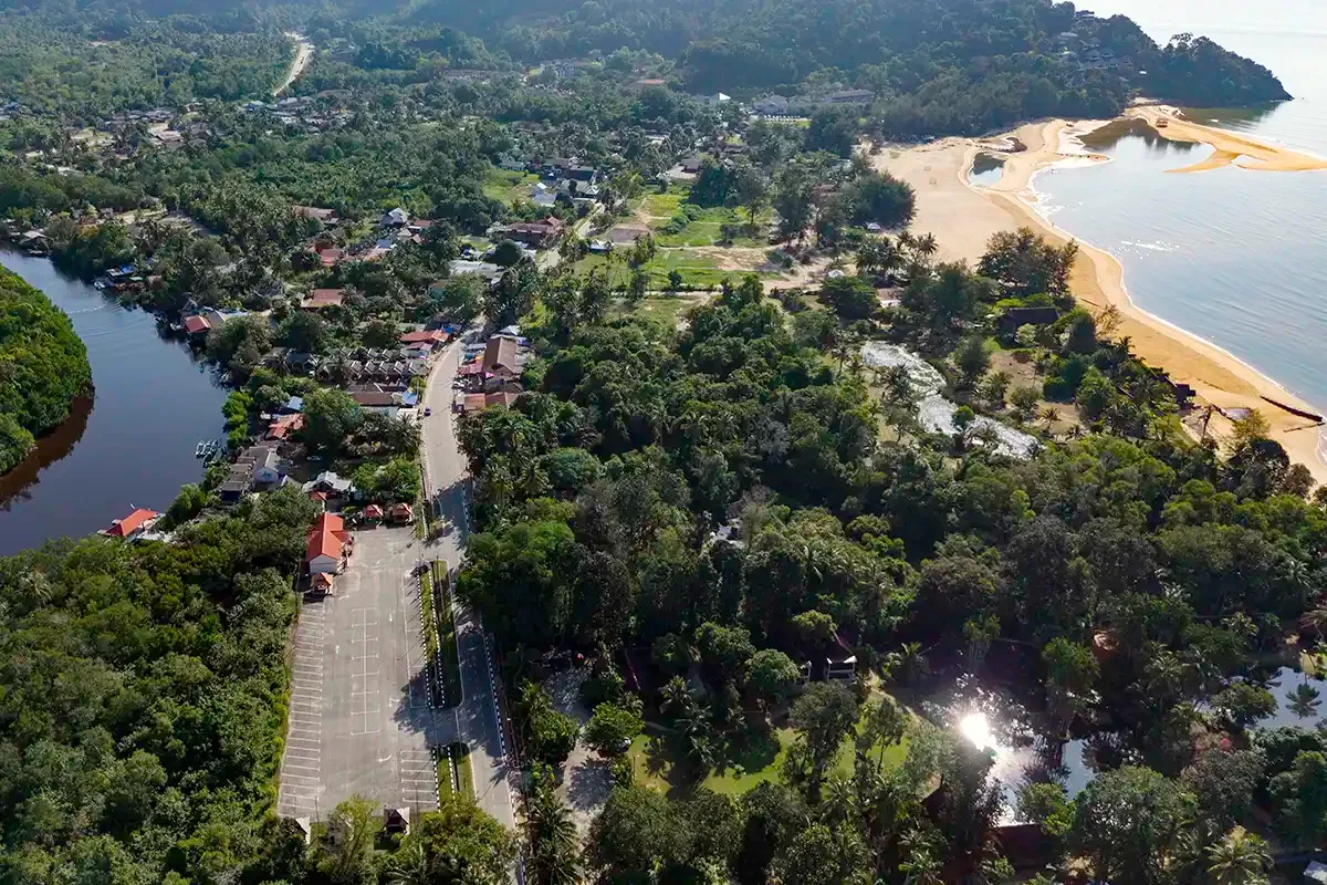 Aerial view of Cherating village, beach and surrounding coastline in Pahang, Malaysia