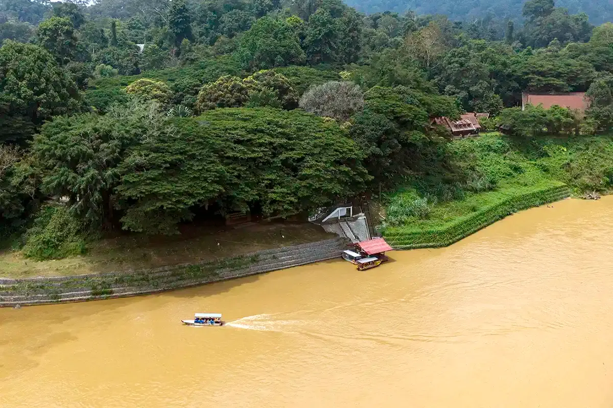 Aerial view of the Tembeling River at Taman Negara with a passenger boat crossing near Kuala Tahan